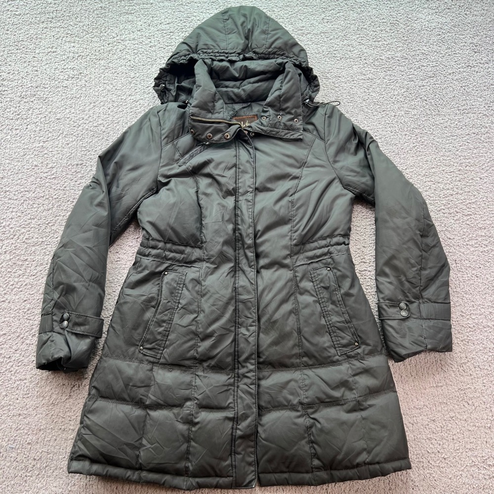 Cole Haan Womens Dark Olive Green Quilted Puffer Coat Removable Hood Size M